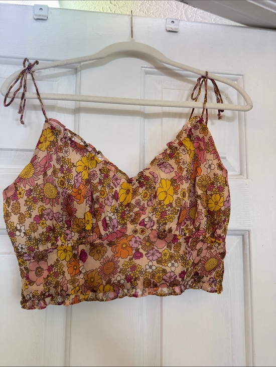 Patrons of Peace Tops - Patrons of Peace Pink Floral Tie-Shoulder Crop Top with Yellow Accents